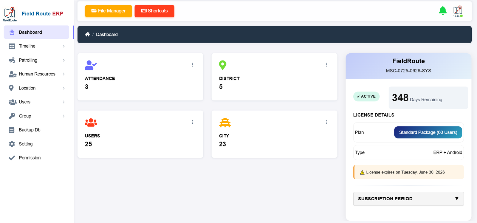 FieldRoute tablet dashboard